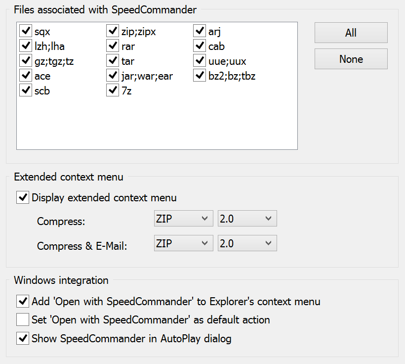 Settings to integrate SpeedCommander into Windows